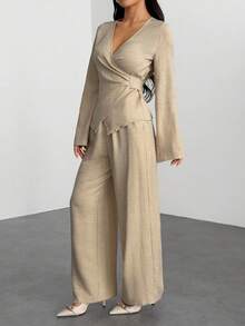 SHEIN PETITE Bộ quần áo thu đông đơn sắc tối giản hàng ngày dành cho nữ mới về - Màu be - Xem 8