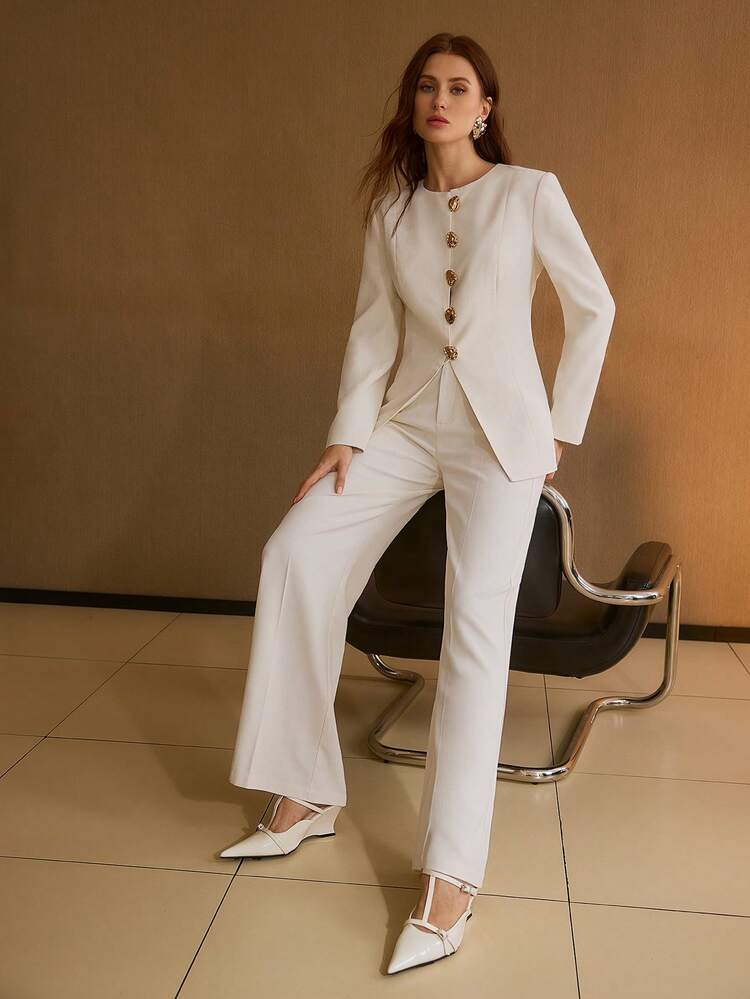 Traje de blazer y pantalón largo de tela texturizada con hebilla metálica especial, elegante y para uso diario para mujer, primavera/otoño