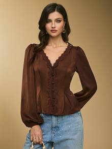 Poéselle Women's Shirt Satin Lace-Trim Peplum Blouse – Chocolate Brown V-Neck Button-Front Top With Balloon Sleeves & Tie-Back Waist Satin Blouse Women Lace Trim Top Chocolate Brown Blouse Peplum Shirt V Neck Button Front Romantic Date Night Top Tie Back Blouse Fall Chic Women's Solid Color Contrast Lace V-Neck Lantern Sleeve Single-Breasted Elegant Blouse Brown Blouse New Year Women's Winter For Women - Brown - View 8