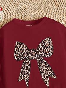 2件套女童休闲复古豹纹蝴蝶结装饰卫衣和打底裤套装，覆盆子红，街头风，朋克风，复古风，返校季穿搭，适合秋冬季 - 彩色 - 查看 7