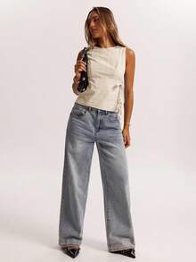 SHEIN BAE 女士纯色圆领侧系腰休闲无袖上衣 - 杏色 - 查看 3