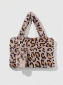 ROMWE Goth 2件套Y2K时尚个性甜美酷炫复古高品质毛绒仿皮草豹纹虎纹动物印花磁扣手提包/单肩包 + 毛绒蓬松仿动物尾巴钥匙扣配饰套装，适合女性日常穿搭，节日礼物 - 多色-1 - 查看 11