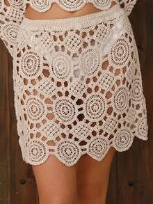 Swim Chiccia Women's Solid Color New Summer Beach Hollow Out Regular Crochet Beach Vacation Mini Skirt - Apricot - View 1