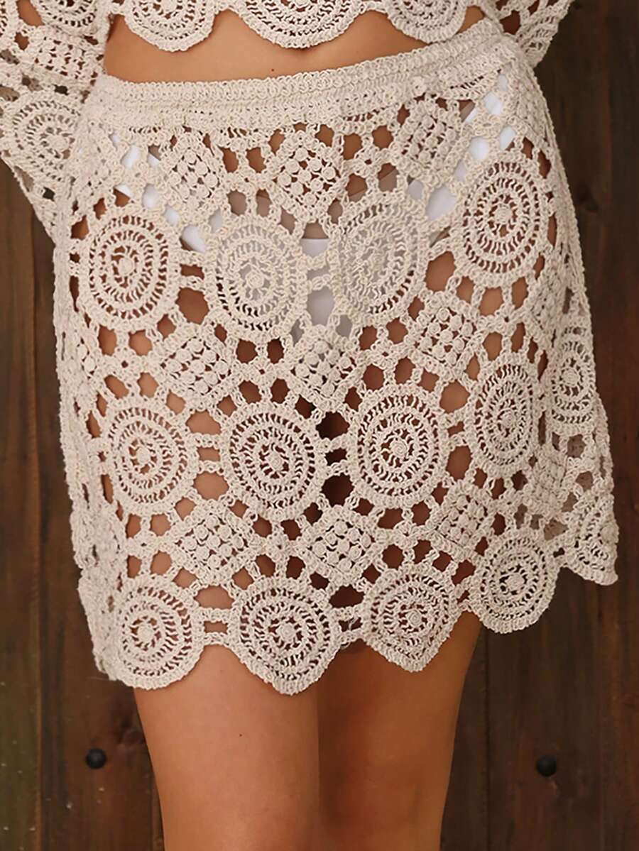 Swim Chiccia Women's Solid Color New Summer Beach Hollow Out Regular Crochet Beach Vacation Mini Skirt - Apricot - View 1