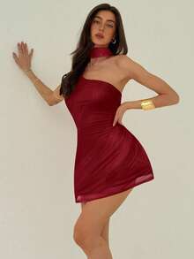 Aloruh Women's Solid Color Oblique Shoulder Backless Fashionable Fitted Mini Dress,Party Dresses For Women Short Summer Outfits Clothes Holiday Floral - Burgundy - View 7