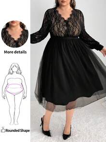 Enliva Christmas Plus Size Women Lantern Sleeve Midi Lace Dress/Autumn /Winter