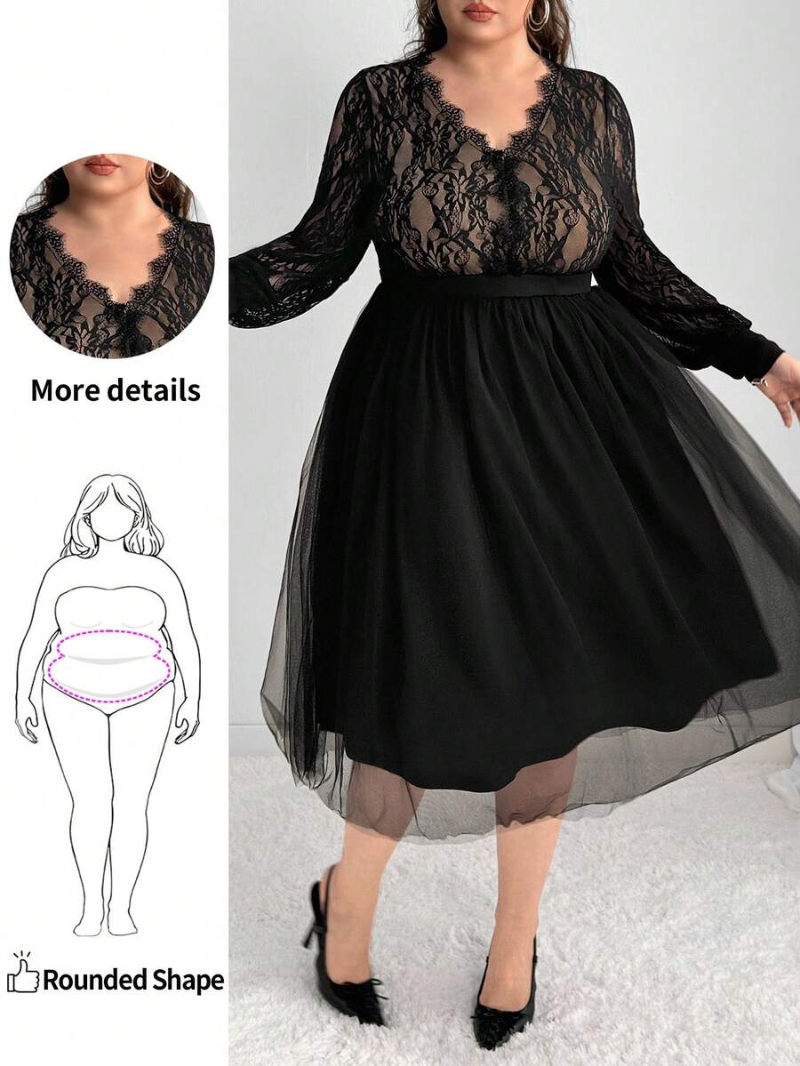 Enliva Christmas Plus Size Women Lantern Sleeve Midi Lace Dress/Autumn /Winter