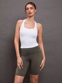 Activina Cut Out Racer Back Sports Tank Top Fitted Shirt - White - View 5