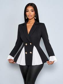 SOLERSUN Women's Elegant 2 In 1 Black Waist-Cinching Long Sleeve Metal Decorated Pleated Ruffle Suit Blazer ,Ruched Waist 3D Cut Peplum Hem Fitted Long Sleeve Blazer, Black Fall Cloth For Women,New Years Women, Business Casual Woman, Office Wear Women, Black Elegant, Fall/Winter - Black and White - View 5