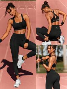 GLOWMODE Mallas de 24" con control de abdomen FeatherFit™, protección de rodillas, bolsillos laterales, de impacto medio para entrenamiento, trotar, gimnasio - Negro - Ver 9