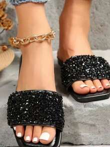 Sandalias de mujer brillantes punta cuadrada sin correa plana elegante casual verano sandalias negras - Negro - Ver 3