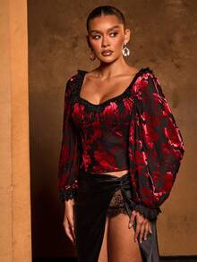 L'Amorae Damen Herzausschnitt romantische Bluse mit Spitzendetails - Rot und Schwarz - Übersicht 6