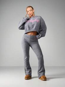 Missguided x Playboy Script Knitted Cropped Jumper And Flared Leggings Matching Co-Ord Set Winter Loungewear Outfit - Grey - View 1