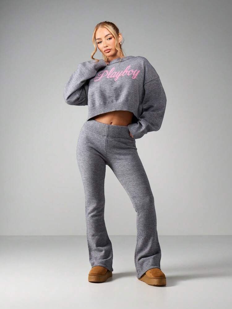 Missguided x Playboy Script Knitted Cropped Jumper And Flared Leggings Matching Co-Ord Set Winter Loungewear Outfit