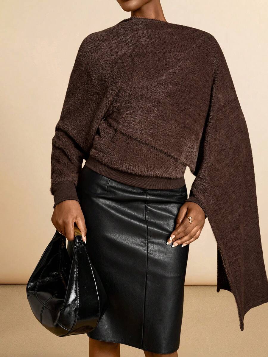 SHEIN Veneréa Women's Asymmetrical Poncho Versatile Knit T-Shirt - Coffee Brown - View 1