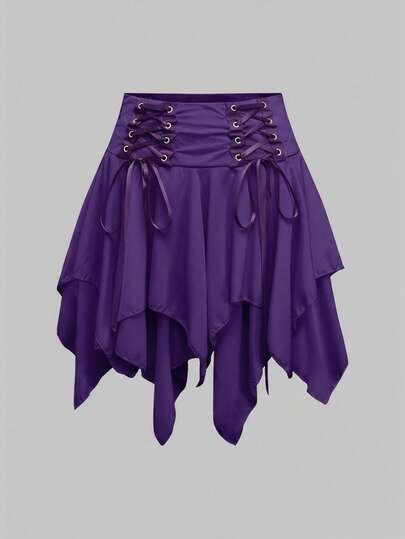 Goth Falda de mujer con decoración de lazo, dobladillo asimétrico y ojales, estilo punk, para vacaciones y boda