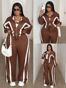 Maweii 两件套女士加大码休闲套装，条纹拼接翻领卫衣外套搭配宽松口袋裤，时尚街头通勤套装，秋冬款 - 棕色 - 查看 1