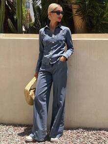 Livesso Autumn/Winter New Loose Casual Urban Style Women Denim 2 Pieces Set - Blue - View 3