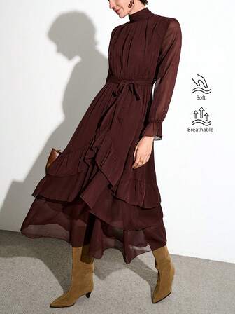 Aalyst Vestido largo de manga larga con cuello alto elástico, cintura fruncida y bajo asimétrico, de gasa plisada con forro, de unicolor, elegante y versátil para ir al trabajo, estilo francés vintage, para ocasiones casuales o formales, adecuado para otoño/invierno, Halloween, Navidad, Acción de Gracias, té de la tarde, fiesta, reunión familiar