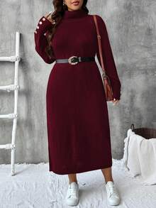 SHEIN LUNE 大码女式黑色高领长袖连衣裙，秋冬季休闲百搭毛衣裙 - 酒紅色 - 查看 6