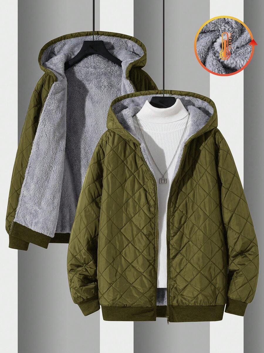 SHEIN 青少年男童休闲舒适多功能保暖连帽羽绒服,冬季外套,绗缝外套 - 軍綠色 - 查看 1