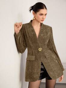 Heiryn 女士时尚优雅单扣长袖西装外套秋冬女装 - 卡其色 - 查看 3