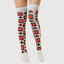 ROMWE Goth Calcetines sobre la rodilla con estampado de rayas y geométrico - Blanco, negro y rojo - Ver 5
