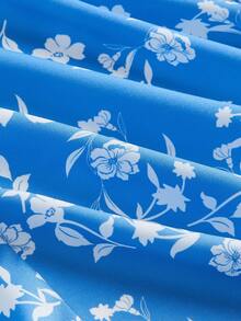 SHEIN MOD Floral Print Split Thigh Cami Blue And White Breast Cup Spring And Summer Straps Dress - Blue and White - View 3