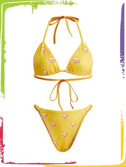 Teletubbies X ROMWE Women's Cartoon Pattern Wireless Halter Bra And Panty Set