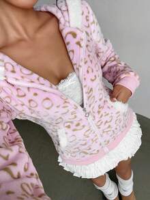 SHEIN PETITE 秋冬季女士休闲撞色保暖拉链卫衣，豹纹印花，修身腰部设计，面料柔软，适合返校季穿着 - 粉色 - 查看 4