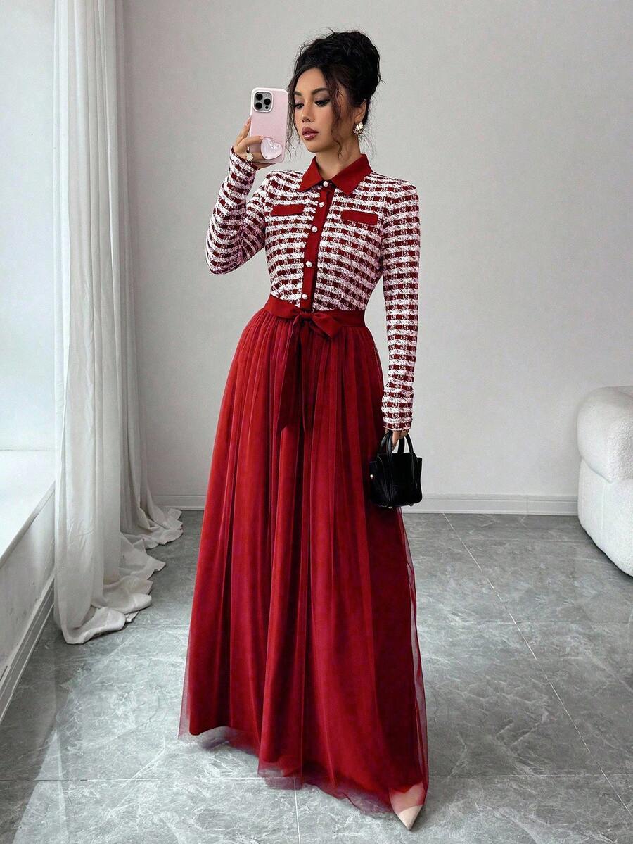 Elenzga Váy chữ A dài tay vải lưới tương phản lãng mạn thanh lịch có cổ áo sơ mi - Đỏ - Xem 1