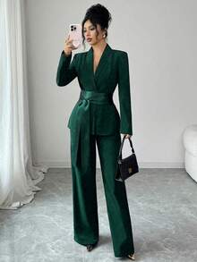 SHEIN Elenzya Ensemble tailleur élégant et romantique pour femmes, blazer ajusté à manches longues avec patchwork de tissus à la taille et pantalon droit