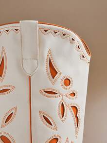 SHUZIA 时尚女士白色橙色仿皮PU杏仁头刺绣西部风牛仔过膝长靴粗跟套穿式牛仔竞技舞蹈假日秋冬鞋 - 橘色 - 查看 8