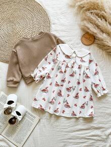 SHEIN Vintaside Kids Conjunto de niña bebé de cárdigan de punto de piel de camello de otoño/primavera y vestido de manga larga con cuello, volantes y estampado de ciervos, elegante conjunto de fiesta para Navidad, San Valentín, fiestas, al aire libre, hogar, estilo vintage - Café integral - Ver 3