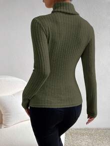 SHEIN Frenchy Long Sleeve Turtleneck Textured Fabric T-Shirt Casual Spring Green - Green - View 2