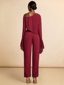 Vesra Women's Oblique Shoulder Top With Ruched Shoulder, Metal Decor & Ruffle Hem Asymmetrical Sleeve; Straight Leg Pants Set - Red - View 2