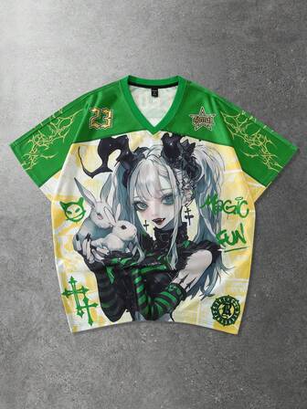 Anime قميص تي شيرت قصير الأكمام مطبوع برسوم أنمي، مناسب للربيع والصيف
