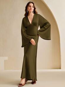 Anewsta Nuevo vestido de manga larga ajustado con cuello en V y cintura fruncida, elegante para festival/boda/fiesta, adecuado para primavera, verano, Día de San Valentín, Carnaval - Verde Oliva - Ver 4