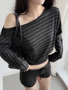 DAZY 女士夏季不对称肩条纹休闲针织长袖T恤和超短低腰短裤度假风套装 Y2k - 深灰色 - 查看 5