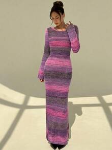 Aloruh Vestido Justo de Tricô Vintage Listrado Versátil Feminino para Outono/Inverno, Vestido Longo de Tricô Ajustado de Manga Longa com Costas Abertas Sexy - Rosa chiclete - Visão 3