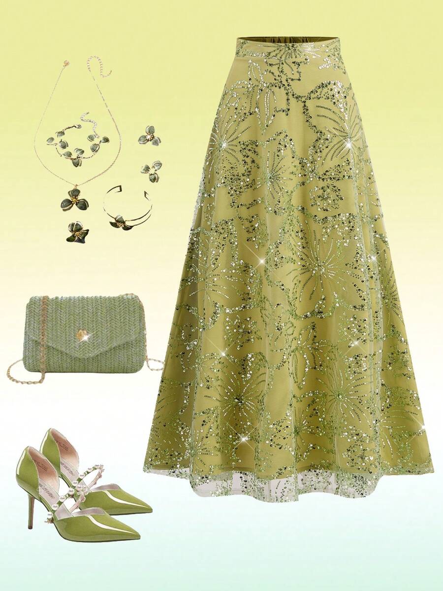 Gownix Women's Sequin Embellished Skirt, Glamorous And Elegant, Suitable For Christmas, Parties Green Long Skirt Elegant Skirt - Green - View 1