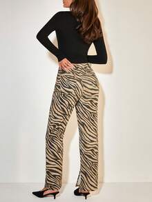 COSMINA Women's Tiger Print Straight Leg Jeans, Animal Pattern Split Denim Pants, Casual Commute, Fashionable Street Style Long Trousers - Dark Wash - View 2