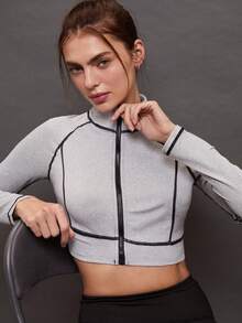 Activina Top-stitching Zip Up Crop Sports Jacket - Light Grey - View 8