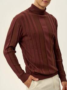 RONVEXI Suéter de punto casual con cuello alto y mangas raglán de unicolor para hombre - Café integral - Ver 7