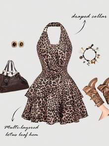 SHEIN MOD Váy ngắn bất đối xứng cổ điển thập niên 70 họa tiết da báo với chi tiết xếp nếp, cổ yếm, đính hạt, viền bánh tầng và cổ áo xếp nếp - Lấy cảm hứng từ Y2K, hoàn hảo cho kỳ nghỉ trên đảo, tiệc tùng, hẹn hò, tiệc sinh nhật, trà chiều và lễ hội - Nhiều màu - Xem 1