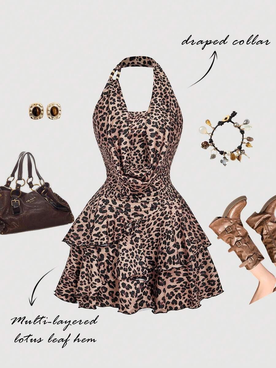 SHEIN MOD Váy ngắn bất đối xứng cổ điển thập niên 70 họa tiết da báo với chi tiết xếp nếp, cổ yếm, đính hạt, viền bánh tầng và cổ áo xếp nếp - Lấy cảm hứng từ Y2K, hoàn hảo cho kỳ nghỉ trên đảo, tiệc tùng, hẹn hò, tiệc sinh nhật, trà chiều và lễ hội - Nhiều màu - Xem 1