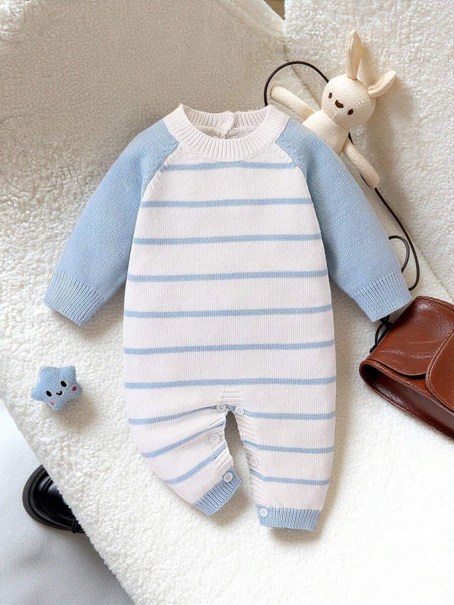 SHEIN 男婴/女婴条纹针织毛衣，舒适长袖连体衣，适合秋冬季，浅蓝色和白色，适合日常穿着、休闲装、户外装、旅行装、日托装