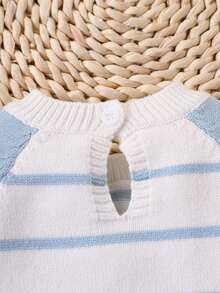 SHEIN 男婴/女婴条纹针织毛衣，舒适长袖连体衣，适合秋冬季，浅蓝色和白色，适合日常穿着、休闲装、户外装、旅行装、日托装 - 彩色 - 查看 6