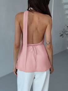 Aloruh Women's Solid Color Hollow Out Casual Asymmetrical Hem Tank Top,Pink Top - Pink - View 2