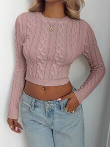 Aloruh Femmes Vintage Tricot Épais Col Rond Ajusté Manches Longues Pull, Base Minimaliste Couleur Abricot pour l'Automne/Hiver - Rose bonbon - Voir 5